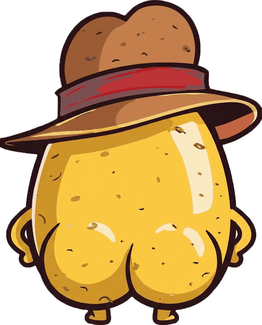 La mascota de Apa la Papa de espaldas, alejándose con el sombrero puesto