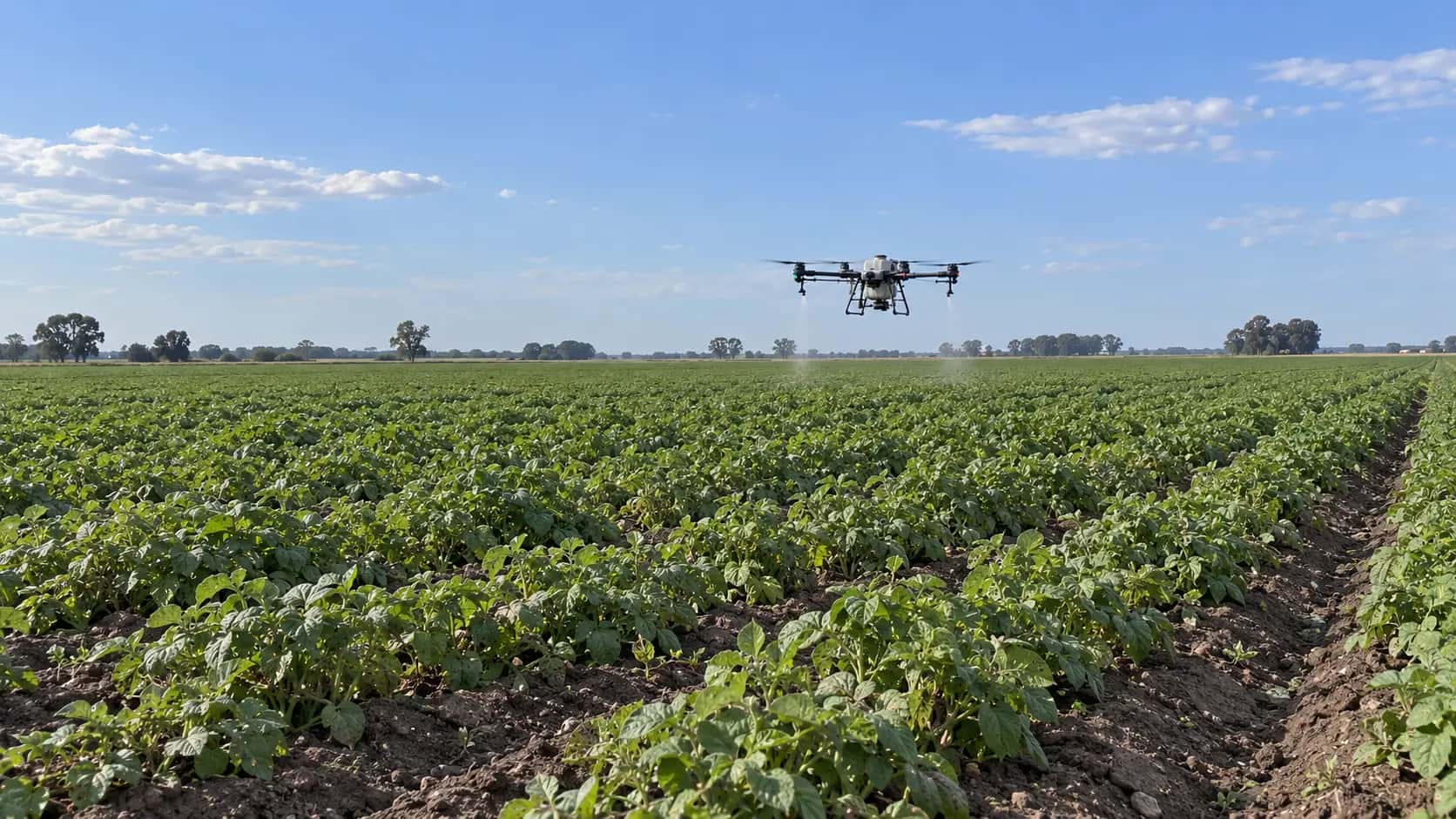 Drone agrícola aplicando sobre el cultivo de papa en flor