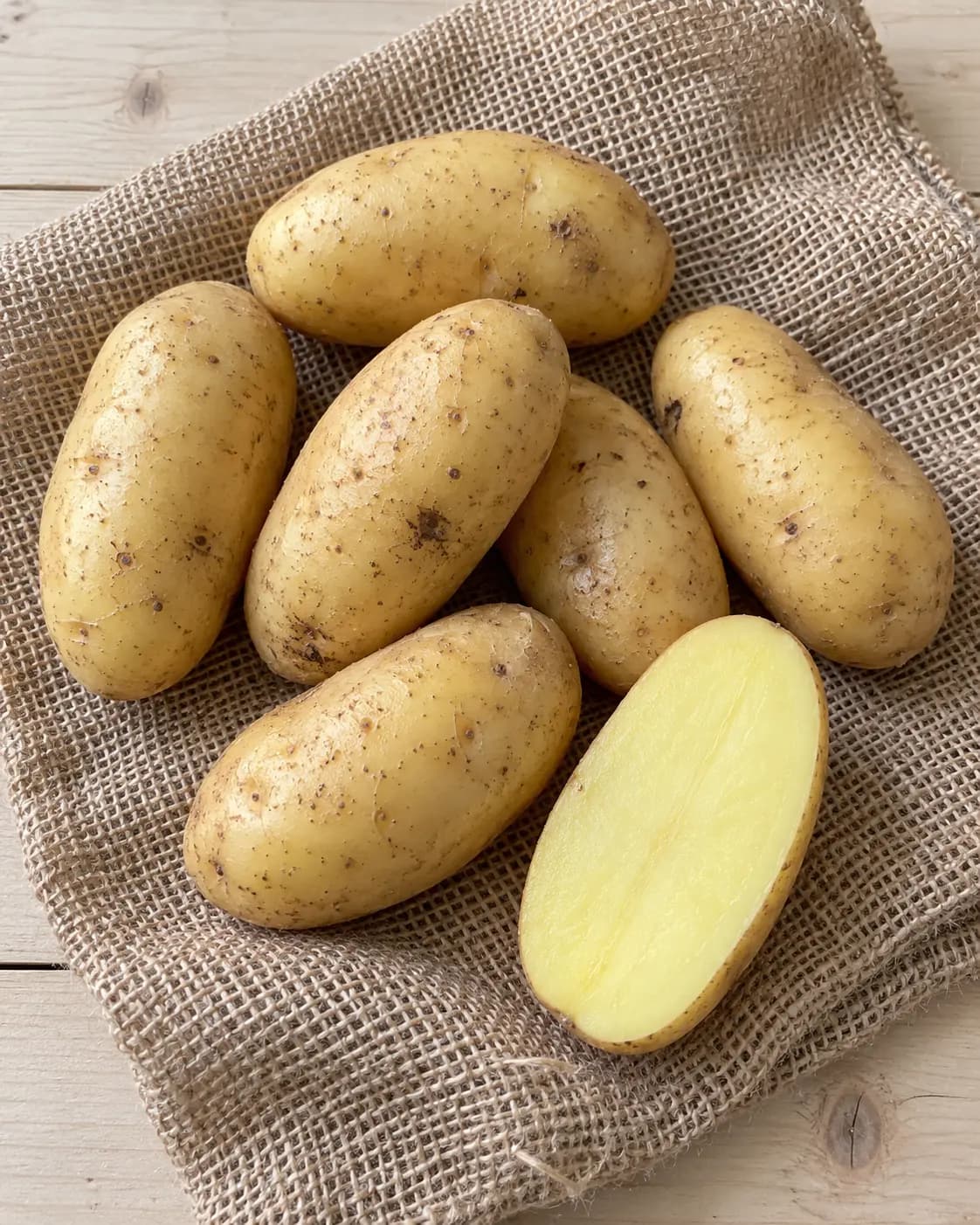 Papas Spunta recién lavadas sobre arpillera, una cortada al medio mostrando la pulpa amarillo manteca